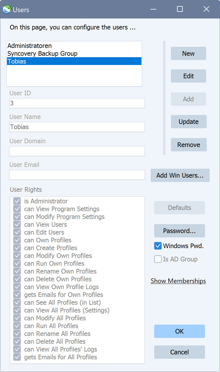 A screenshot showing Syncovery's internal user list with a newly added administrator account.