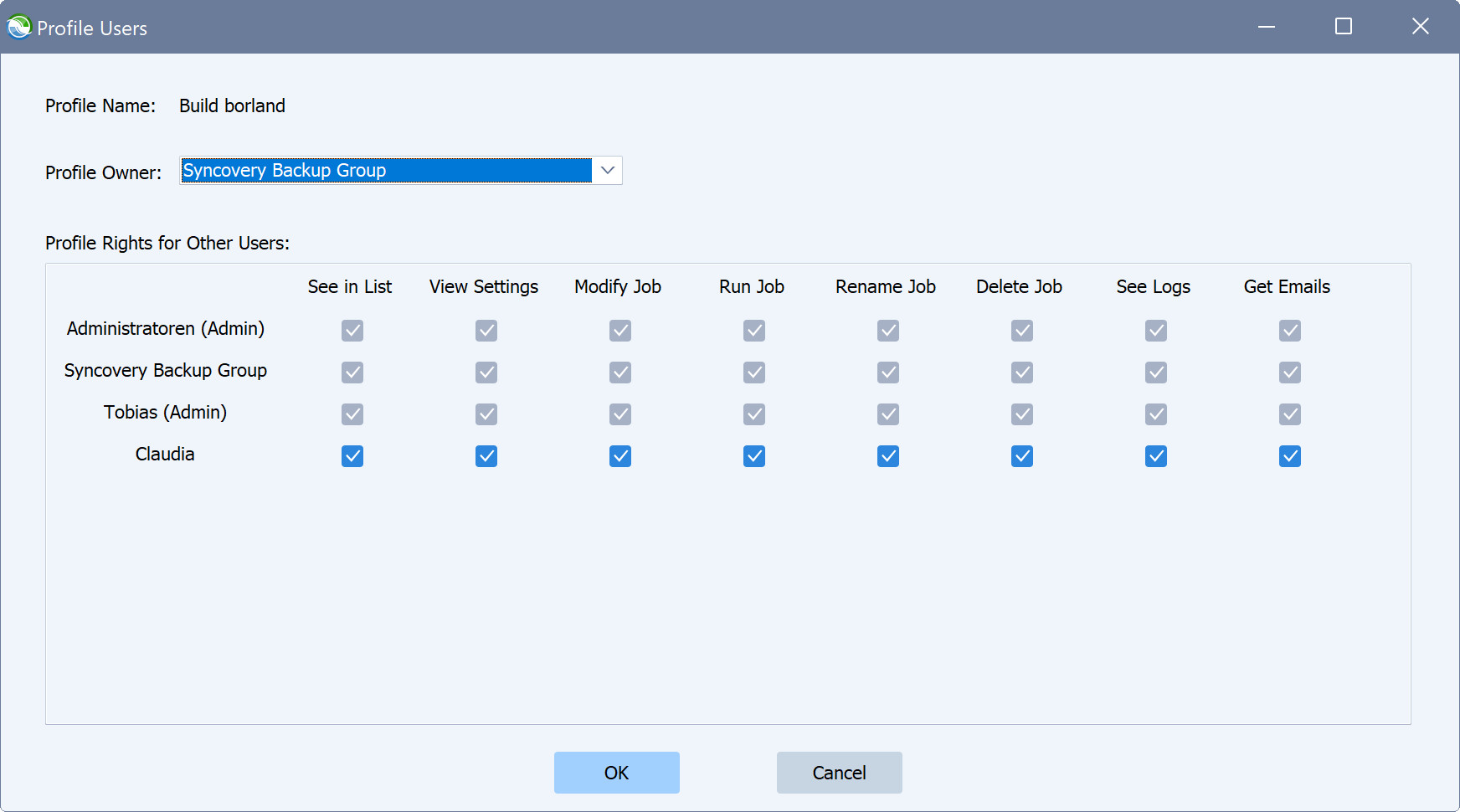 Une capture d’écran montrant la boîte de dialogue « Profile Users » de Syncovery.