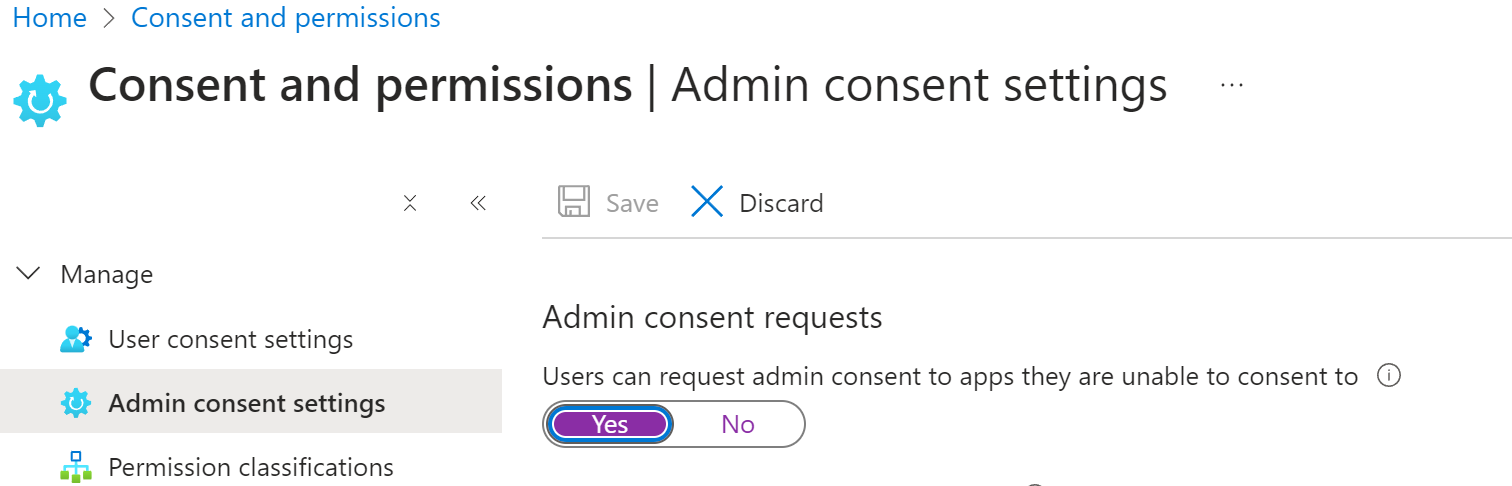 Capture d’écran montrant comment autoriser les demandes de consentement administrateur dans le portail Azure.