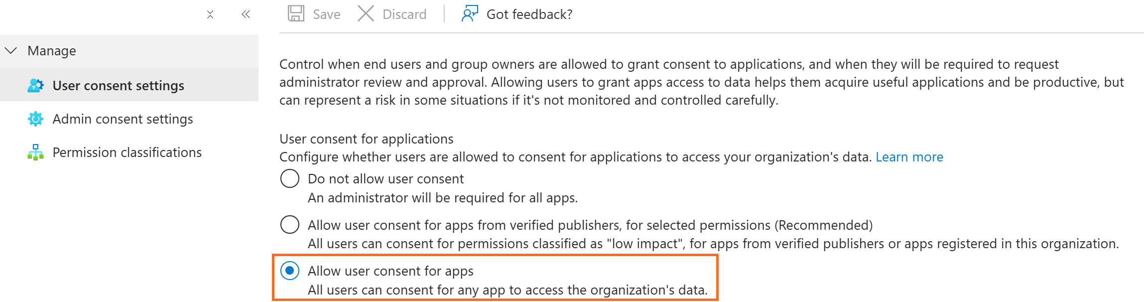Capture d’écran montrant comment autoriser les utilisateurs à consentir aux applications SharePoint.