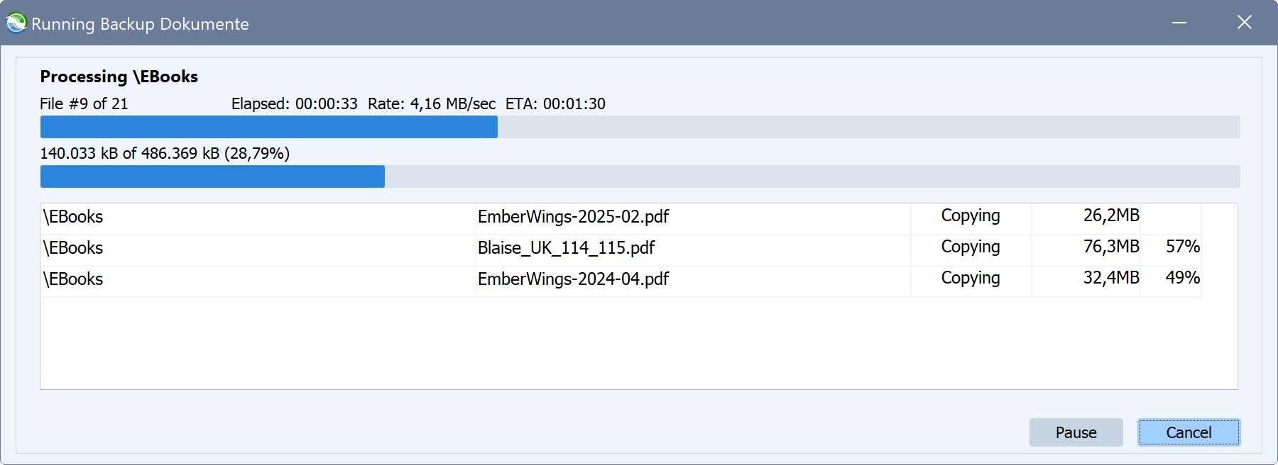 Le logiciel de sauvegarde Syncovery affiche la boîte de dialogue de progression de la synchronisation.